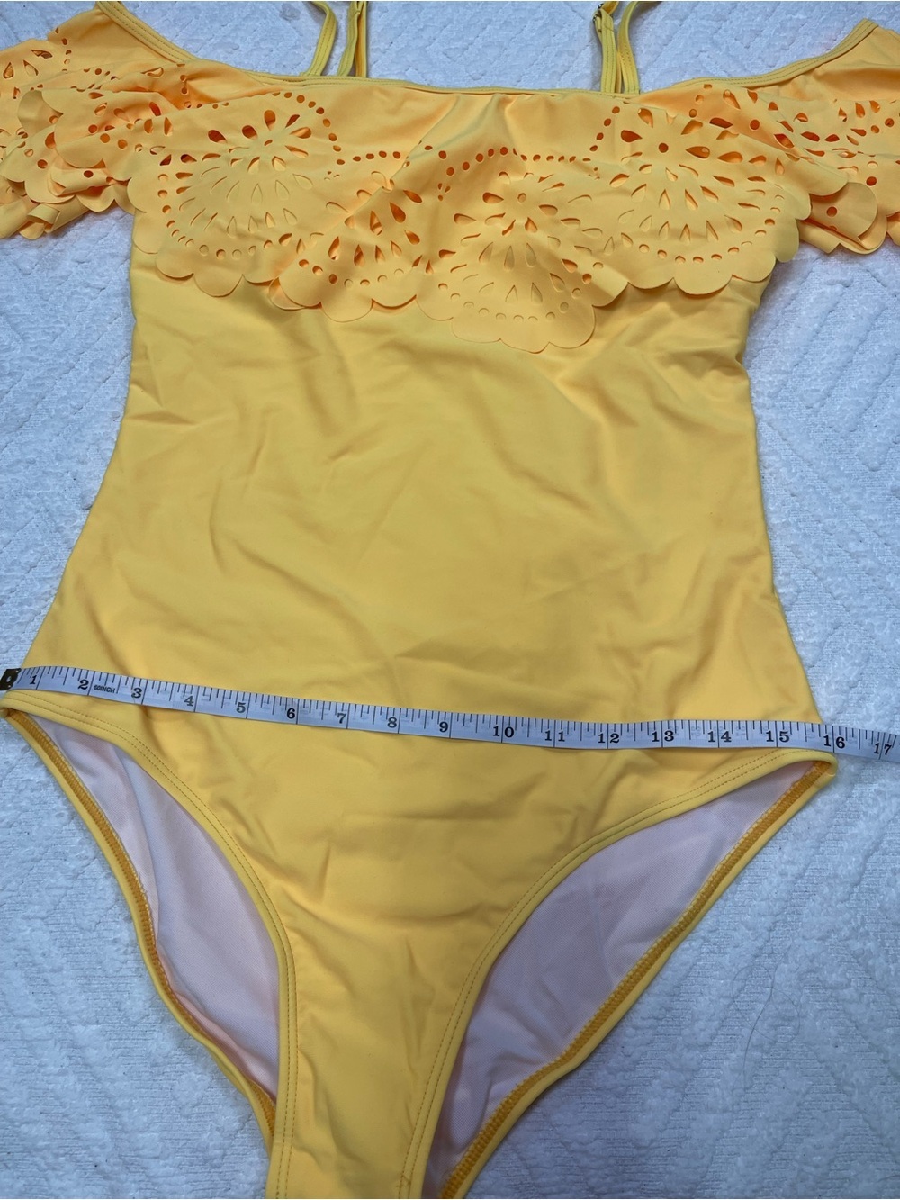 Holipick Yellow Off-the-Shoulder One-Piece Swimsuit with Eyelet Ruffle Size L - Picture 13 of 15